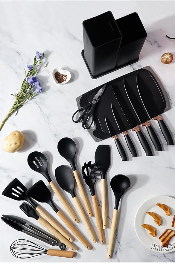 19 Pieces Kitchen Utensils and Knife Set with Block, Inldued 9 Pieces Silicone Cooking Utensils Set 5 Pieces Sharp Stainless Steel Chef Knives Scissors Whisk Tongs and Cutting Board (PINK) - Image 9
