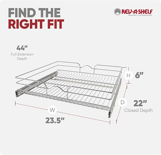 Rev-A-Shelf Steel Wire Pullout Drawer Organizer Shelf for Kitchen Cabinets, Slide Out Storage Basket, Min Opening Width of 23.5", 24" x 22", 5WB1-2422CR-1 - Image 9