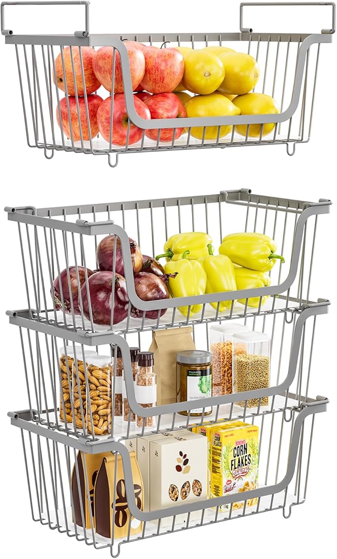 4 Pcs Stackable Wire Baskets for Pantry Organizers and Storage, Gray | Metal Baskets with Handles,Produce Potato Onion Storage Bin,Vegetable Fruit Basket for Countertop, Kitchen Storage - Image 9