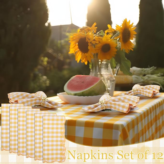 SmoothNovelty 12 Pack Buffalo Plaid Cloth Napkins 18x18 Inch Checkered Cloth Napkins Scalloped Soft Cotton Table Mat Washable Reusable for Dinner Wedding Holiday Birthday Parties (Classic,Yellow) - Image 7