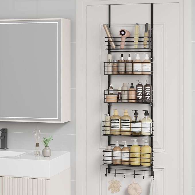 SWTYMIKI Over The Door Organizer - Door Organizer Hanging with 5 Adjustable Metal Large Capacity Basket and 6 Coat Hook, Wall Mounted Shelf for Bedroom Closet Bathroom Laundry Pantry Cabinet Kitchen - Image 9