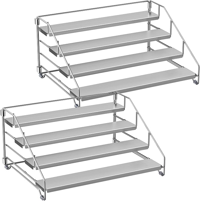 BOIVSHI Spice Organization for Cabinet, Adjustable Depth Spice Shelf | 4 Tiered Spice Rack for Cabinet, Metal Space Saving Spice Organizer for Countertop, Easy Access Spices - Chrome, 2 Pack - Image 9