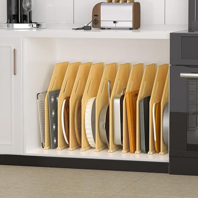 10 Pack Wood Tray Dividers Organizer For Kitchen Cabinet | Adjustable Vertical Cookie Sheet Organizer, Cabinet Dividers Organizer For Pots, Cutting Board, Pans, Lids, Baking Sheets - Image 8