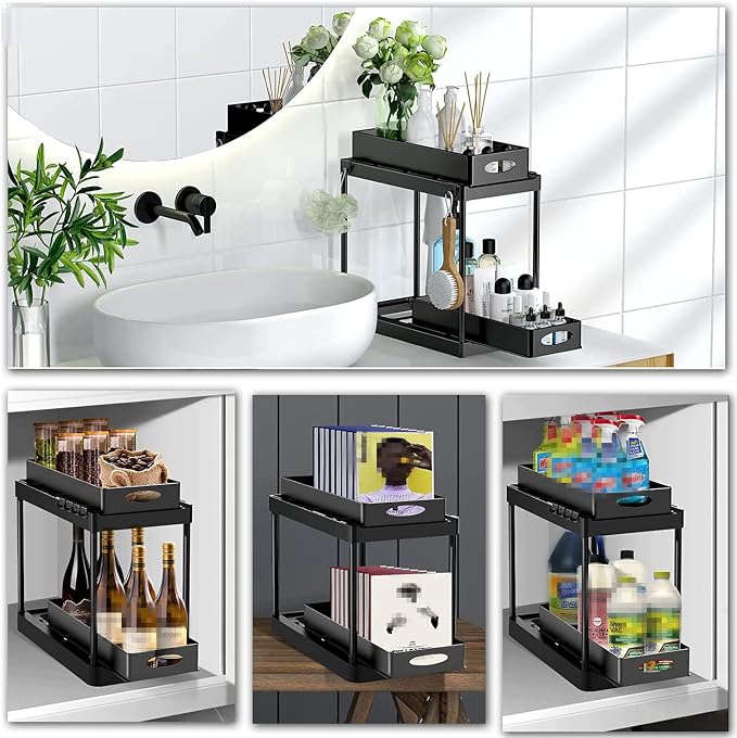 Double Sliding Cabinet Basket Organizer Drawers, 2 Tier Slide Out Under Sink Organizers Storage Under Cabinet Bathroom Organizer with Hooks & Hanging Cup for Kitchen Countertop (Black) - Image 9