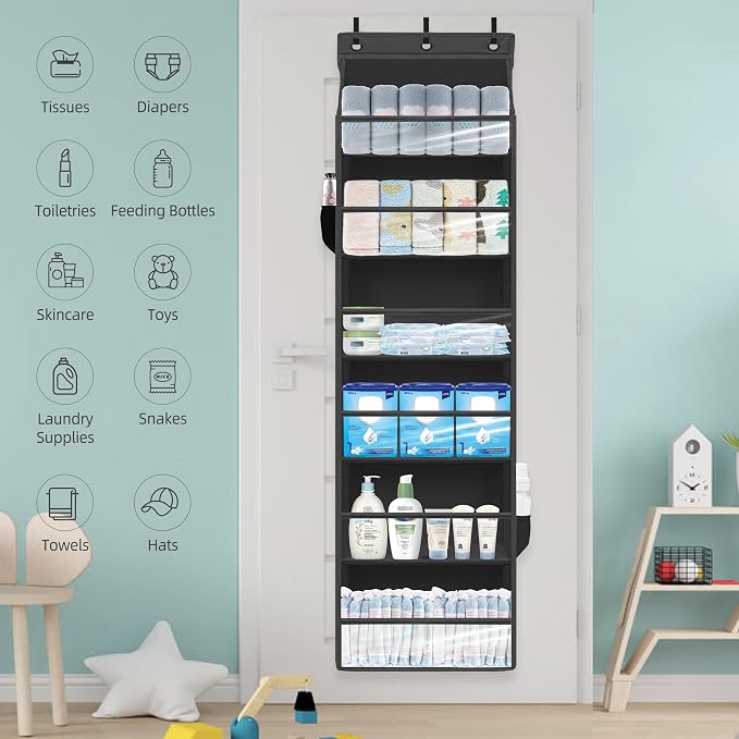 Over Door Organizer with 6 Extra Large Pockets and 12 Side Pockets, Large Capacity Hanging Storage Organizer with Clear Window for Shoes, Diapers, Black, 6 Layers, 2-Pack - Image 7