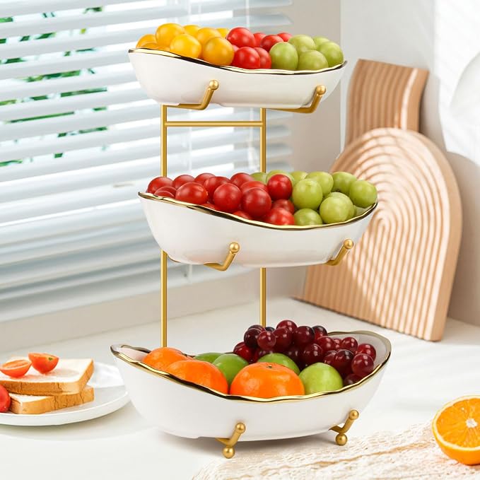 Fruit Basket for Kitchen Counter, 3 Tier Fruit Basket, Ceramic Fruit Bowl, Fruit Bowl for Kitchen Counter, Porcelain Fruit Stand Storage Holder, Large Capacity Fruit Holder for Dessert, Snack(White) - Image 8
