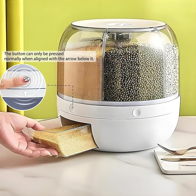 Rotating Grain Storage Bin 6 Grids Rice Container One-Click Output Large Capacity Food Dispenser For Rice Grains Sealed Moisture Proof Organizer (Grey) (Small) - Image 6