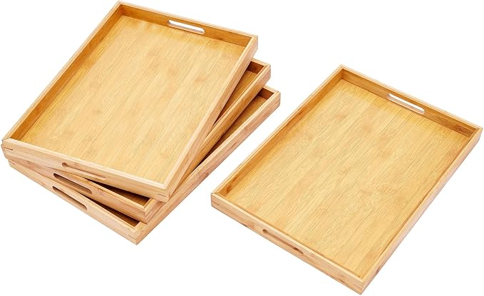 4 Pack Bamboo Serving Tray with Handles Kitchen Large Food Bamboo Tray Couch Tray Tea Decorative Serving Pallet for Dinner, Breakfast, Table Snack, 18.1×13×1.4In - Image 9