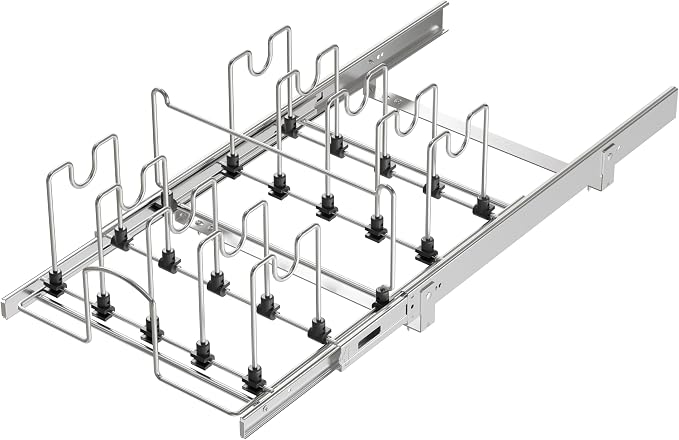 Pull Out Pots and Pans Organizer Under Cabinet, Sliding Adjustable Pot Rack with 11 Adjustable Dividers, Chromeplating Pot and Pan Holder Rack, Full-Extension Rail 15" W X 22" D - Image 9
