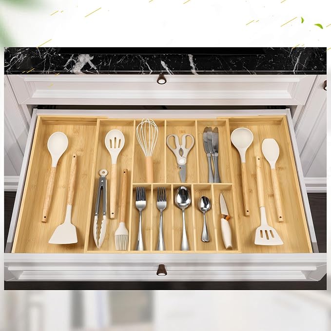 Fabsome Silverware Organizer for Cabinet Drawer, Expandable from 16.7'' to 30'' Wide Bamboo Wood Flatware Tray for Large Kitchen Drawers, Cutlery Utensil Holder - Image 5