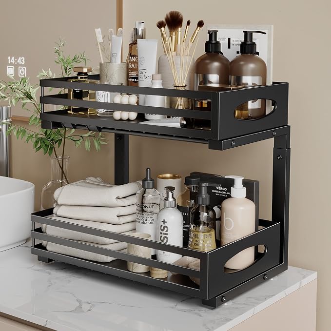 mixeshop Under Sink Organizer, 2 Tier Under Sink Organizers and Storage, Adjustable Height, Slide out Metal Cabinet Organizers, Pull out Cabinet Storage Drawer Shelf for Kitchen Bathroom (Black, 2) - Image 8