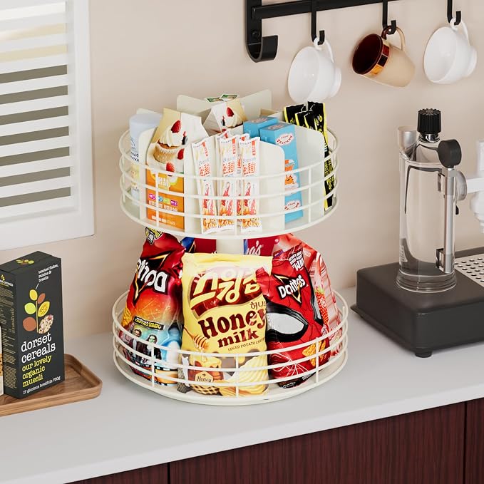 Snack Organizer - Versatile Snack Storage 2 Tier Lazy Susan with Convenient Grab-and-Go Design, Metal Snack Holder for Home, Office, Breakroom, 12.13" L x 12.13" W x 12.56" H (Matte White) - Image 7