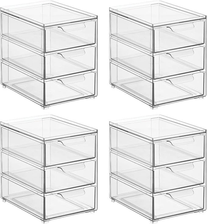 mDesign Plastic Stackable Organizer with 3 Drawers - Pull-Out Drawer Storage Bin for Bathroom Sink/Cabinet Organization - Perfect for Makeup, Small Towels, and More - Lumiere Collection, 4 Pack, Clear - Image 9