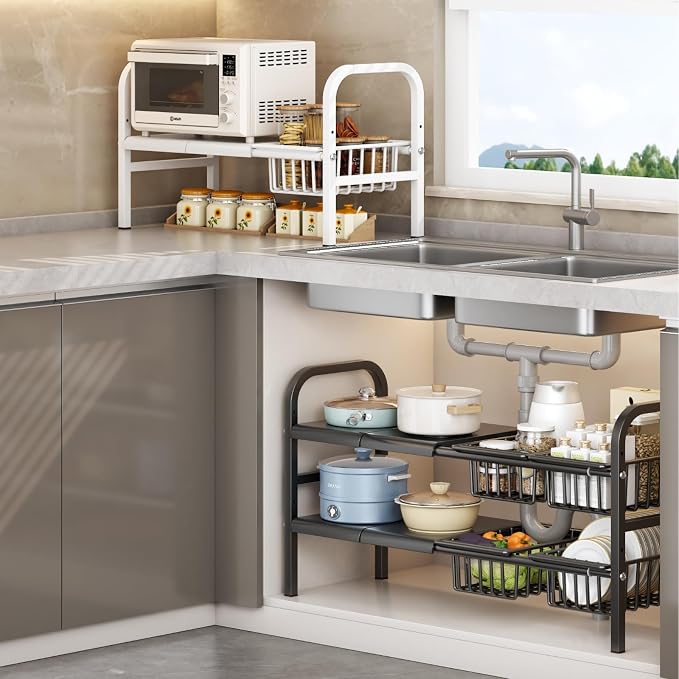 Under Sink Organizer,2 Tier Expandable Heavy Duty Metal Shelf,with 5 Removable Panels and 5 Storage Basket for Under Kitchen Bathroom Sink Organizers and Storage(Black, Large) - Image 7
