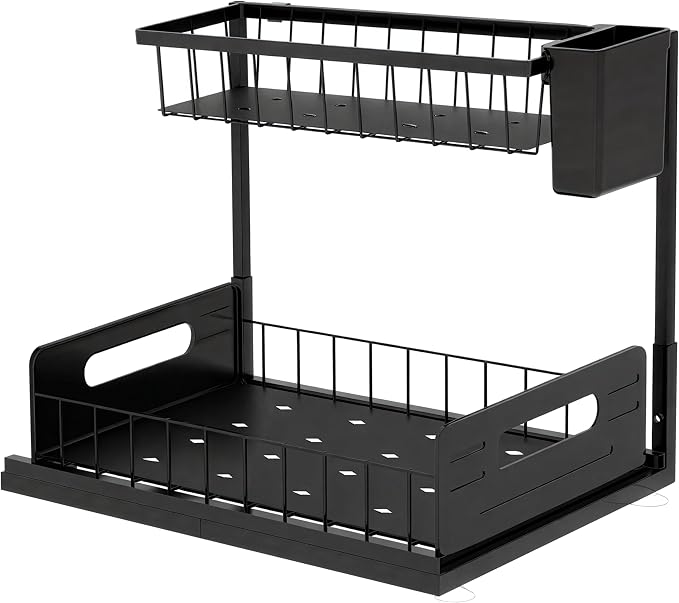 2 Pack Under Sink Organizer, Heavy Duty 2 Tier Slide-Out Storage, Space Saving Cabinet Organizer for Bathroom & Kitchen, Metal Shelf with Brush Holder, Black - Image 8
