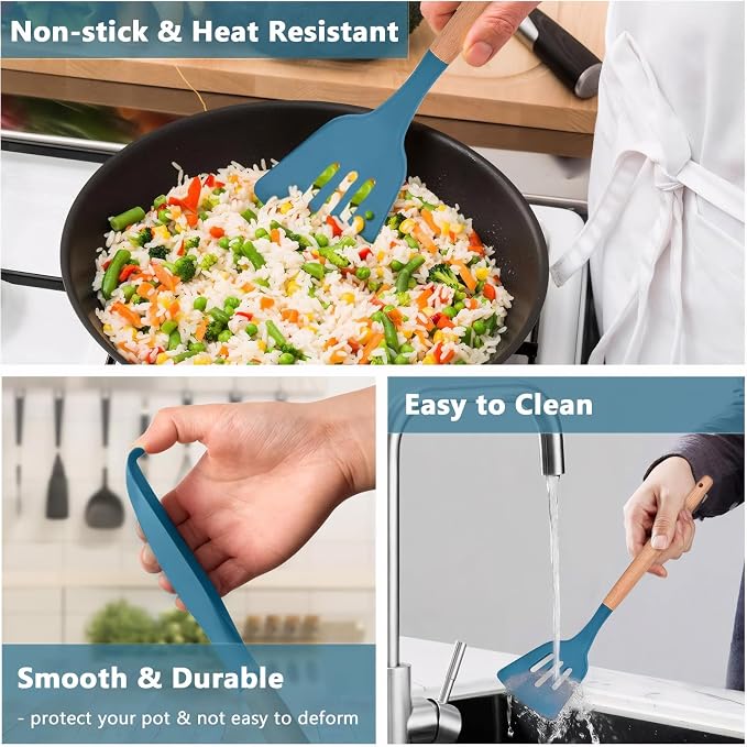 Silicone Kitchen Cooking Utensils Set 5Pcs Non-Stick Silicone Kitchen Utensils Set Spatula Spoon Turner Ladle with Wooden Handle, Heat Resistant Cooking Gadgets for Nonstick Cookware BPA-FREE - Image 9