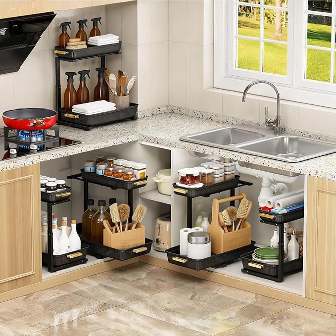 ARSTPEOE Under Sink Organizer - 2 Pack Multi-Purpose Pull-Out Storage Shelf | Slide out Pull out Cabinet Organizer Shelf, Storage for Kitchen Bathroom - Image 6