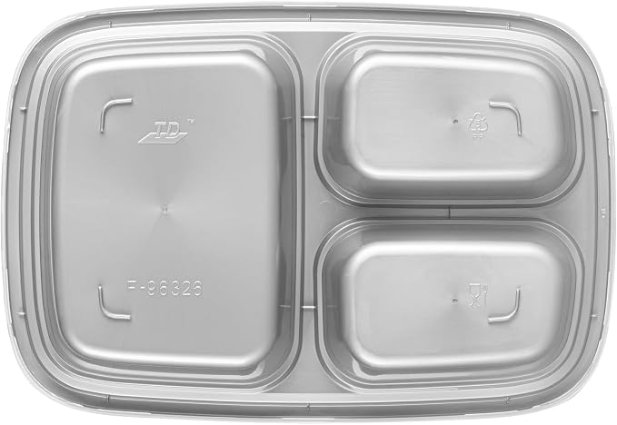 Asporto 26 Ounce Compartment Take Out Boxes, 100 Microwavable Meal Prep Containers - 3 Compartments, With Clear Plastic Lids, Silver Plastic Food Containers, Do Not Contain BPA - Restaurantware - Image 17