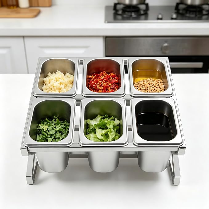 Pizza Topping Station Condiment Container Food Prep Ingredients Holder | Stainless Steel Organizer Container Set Spice Rack with 6 Pans& Lids for Kitchen Restaurants Buffes - Image 9