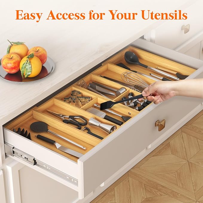 Lifewit Expandable Utensil Organizer for Kitchen Drawer, Cutlery Holder | Adjustable Cooking Silverware Tray, Bamboo Flatware Spatula Tools Gadgets Storage Divider, 21-36 x 16", Natural - Image 9