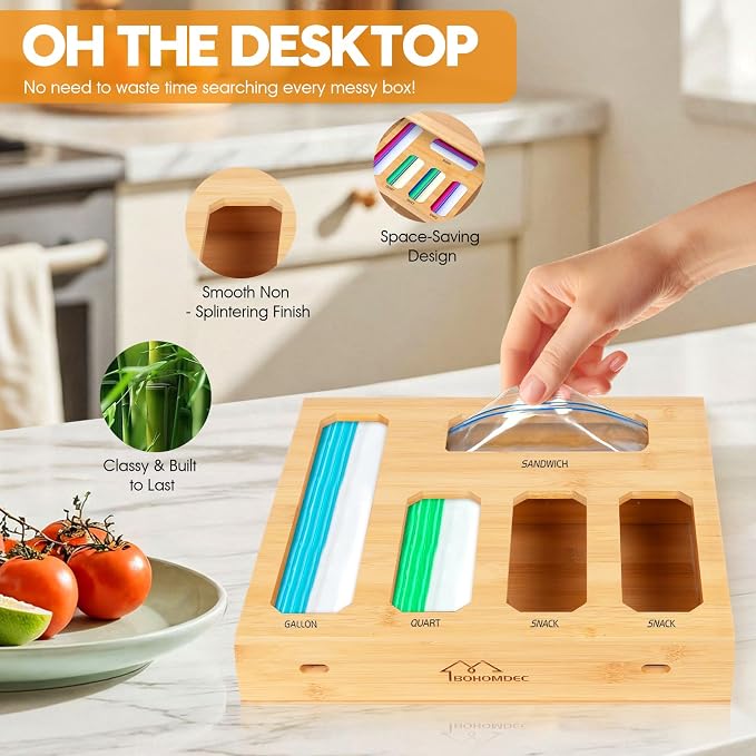 Bamboo Ziplock Bag Organizer for Kitchen Drawer, Food Storage Baggie Holder with 24 Label Stickers, Fits Gallon Quart Sandwich Snack Freezer & Slider Bags, No Assembly, Wall Mount or Drawer - Image 7