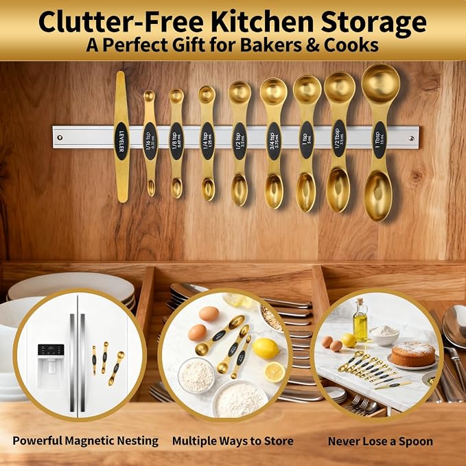 Gold Magnetic Measuring Cups & Spoons Set of 16, 7 Stainless Steel Measuring Cups, 8 Double-Sided Measuring Spoons & 1 Leveler, Premium Finish Baking Tools Kitchen Gadget for Dry & Liquid Ingredients - Image 9