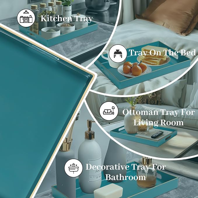 Teal Decorative Tray for Coffee Table, Serving Tray with Handles | Plastic Melamine Tray, Modern Ottoman Tray, Rectangular Countertop Organizer Tray for Living Room, 15.8"L x 10.2"W x 1.4"H - Image 7