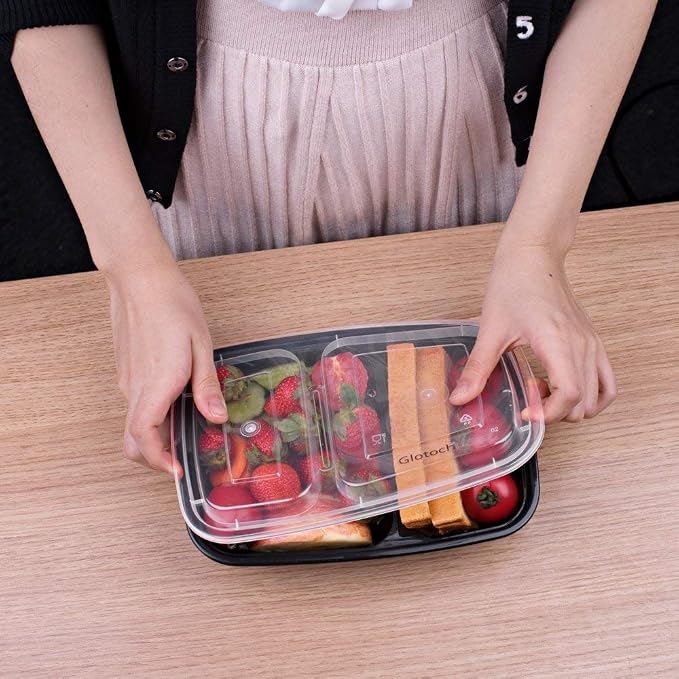 Glotoch 50 Pack(100-Piece)32oz 2-Compartment Meal Prep Containers with Lids | Sturdy Leakproof Plastic Food Storage Containers for Lunch,Microwave,Freezer,Dishwasher Safe and BPA Free Takeout Containers - Image 9