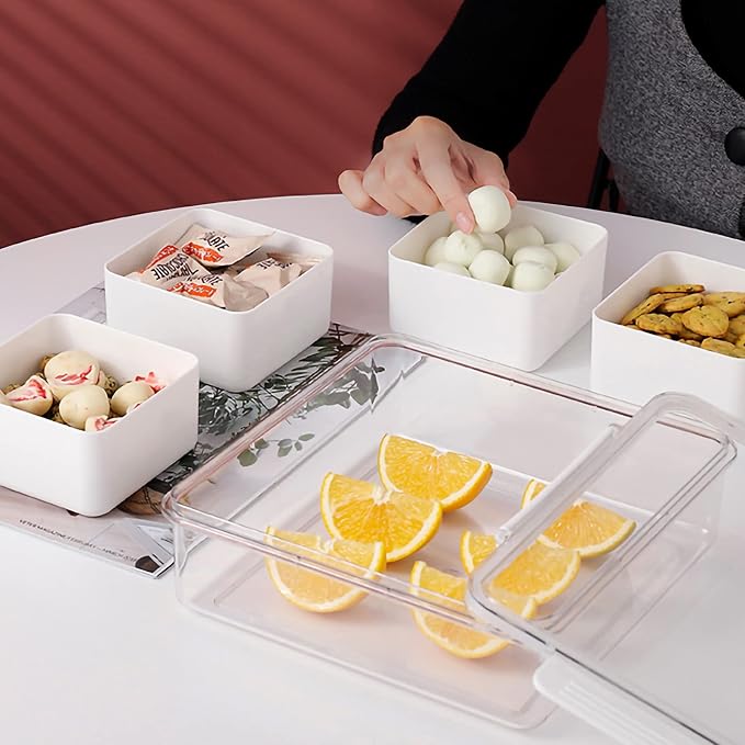 Divided Serving Tray with Lid for Veggie Charcuterie Container Portion Control Salad Keeper with 4 Removable Boxes Stackable Refrigerator Organizer Bins Food Storage Organizer Produce Saver - Image 8