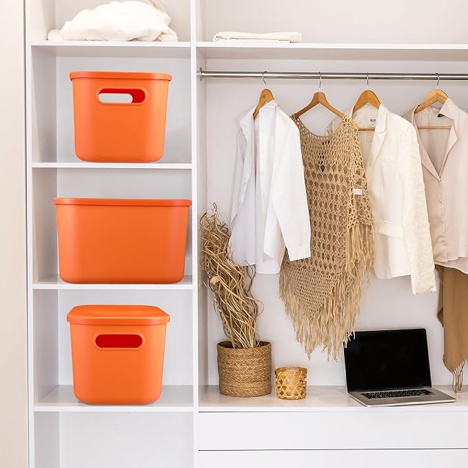 8 Pieces Colorful Storage Bins with Lid, Plastic Storage Basket Organizing Container Stackable Box with Handle for Shelves Desktop Playroom Office(10.2 x 7 x 6.3 Inch,Orange) - Image 7