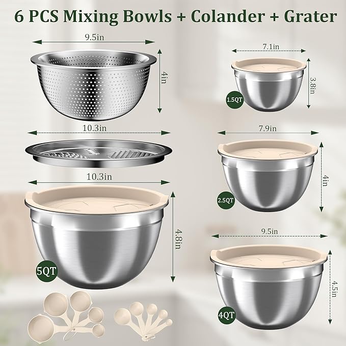 Mixing Bowls with Lids Set, 16PCS Stainless Steel Mixing Bowls,Nesting Storage Bowls for Kitchen with Mixing Bowls Set, Colander, Strainer & Grater , Metal Salad Bowl for Kitchen Gadgets , Cream - Image 8