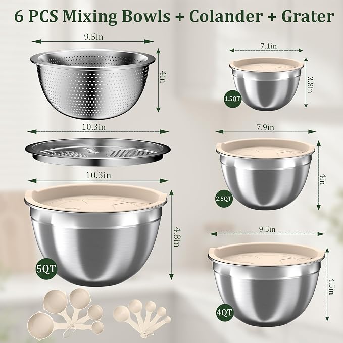 Mixing Bowls with Lids Set, 16PCS Stainless Steel Mixing Bowls,Nesting Storage Bowls for Kitchen with Mixing Bowls Set, Colander, Strainer & Grater , Metal Salad Bowl for Kitchen Gadgets , Cream - Image 8