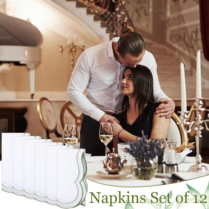 Hahafelt 12 Set Cloth Napkins 18x18inches Scalloped Embroidery Cloth Napkins Washable Polyester Table Dinner for Hotel Restaurant Weddings Events Parties (Sage Green) - Image 7