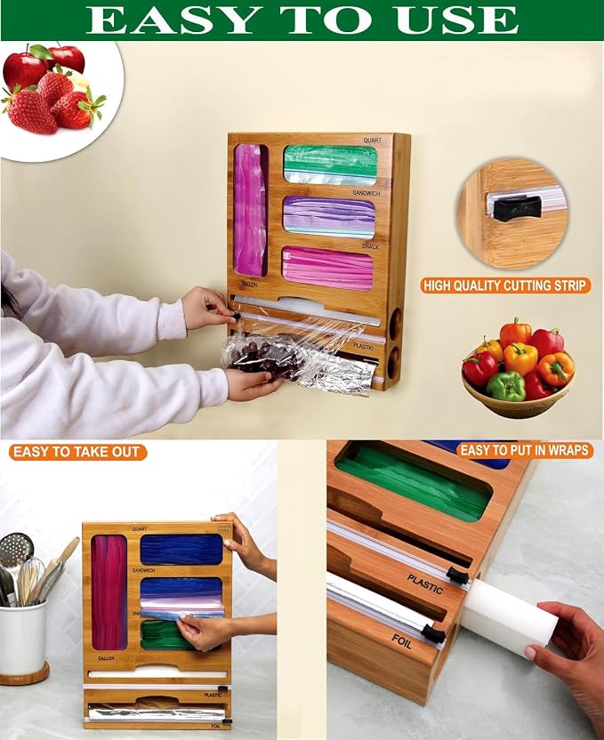 Bag Storage Organizer for Kitchen Drawer and Plastic Wrap Dispenser with Cutter, 6 In 1 Large Capacity Bamboo Foil and Plastic Bag Food Baggie Organizer for Snack, Sandwich, Gallon, Quart - Image 6