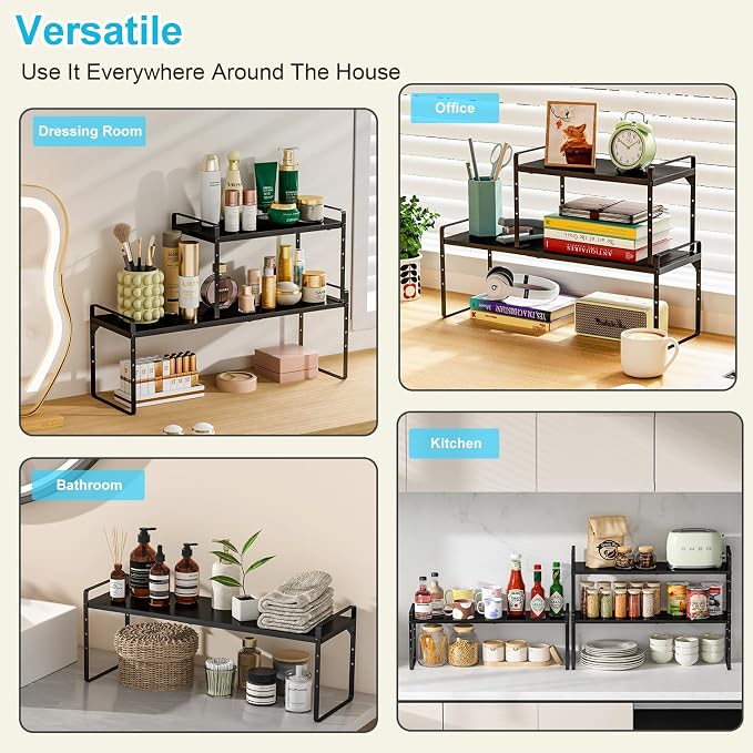 15.5 to 25.5 Inch Kitchen Cabinet Shelf Organizers, Adjustable Kitchen Counter Shelf Organizer, Set of 4 Expandable Countertop Storage Shelves, Stackable Design, 30LBS Heavy Duty, Space Saver - Image 9