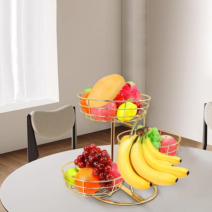 Livabber Fruit Basket Bowl with Banana Hanger, Fruit Vegetable Storage Basket with Banana Tree Holder for Kitchen Counter, Detachable Organizer for Bread Snack Produce (Gold, 3-Tier Metal Base) - Image 9
