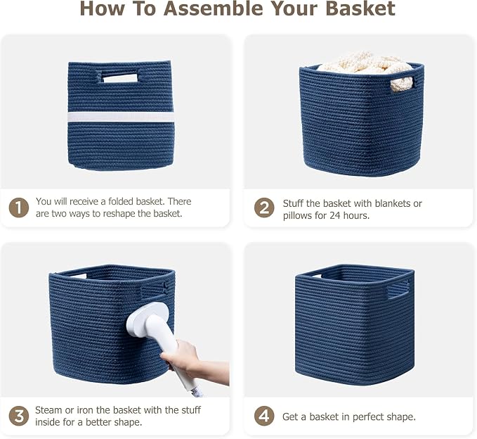 UBBCARE Set of 4 Cotton Rope Basket 12 X 12 X 12 Inches, Woven Storage Baskets for Shelves, Organizing with Handles, Cube Storage Bins for Storage Books, Magazines, Navy Blue - Image 7
