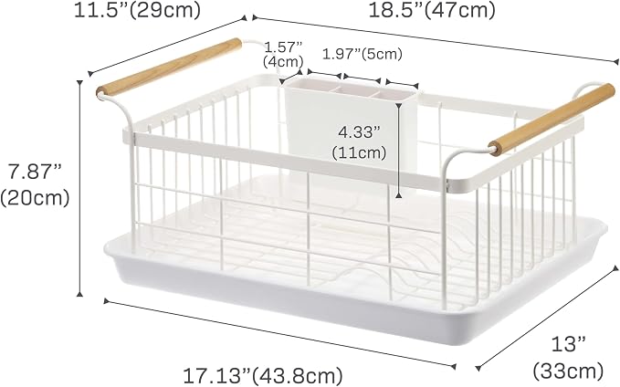 YAMAZAKI Home Dish Drying Rack – Modern White Dish Rack for Kitchen Counter with Removable Drying Tray and Cutlery Holder, Steel + Wood Dish Drying Organizer - Steel + Wood - | Modern dish drying rack organizer with steel and wood construction. Small s... - Image 8