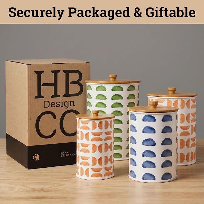 Kitchen Canisters for Countertop Set of 4, Patterned Iron w/ Airtight Lids | Airtight Easy Open Bamboo Lids - Dent-Resistant Thick Metal - Sturdy Comfortable Bamboo Handles - Unique Printed Pattern - Image 9