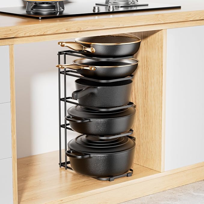 5-Tier Pot and Pan Organizer 16.6", No Assembly Cookware Rack 1-Pack | One-piece Design, Multi-height Layered,Anti-Tip Structure, Dual Vertical & Horizontal Use, Fits Cast Iron Pans & Dutch Ovens - Image 7