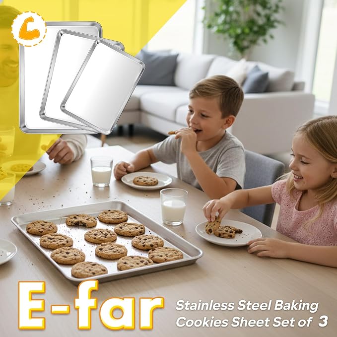 E-far Baking Cookie Sheet Pan Set of 3, 16/12.4/10.4 Inch, Stainless Steel Baking Pans Set for Oven, Rectangle Baking Tray for Cooking Roasting, Non Toxic & Easy Clean, Dishwasher Safe - Image 7