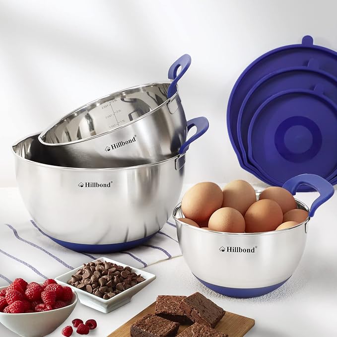 Hillbond Stainless Steel Mixing Bowls Set of 3, 1.5, 3, 5 QT, Blue | BPA Free Airtight Lids, Nesting Bowls with Pour Spout, Silicone Handle, Non-Slip Bottoms, Dishwasher Safe - Image 6