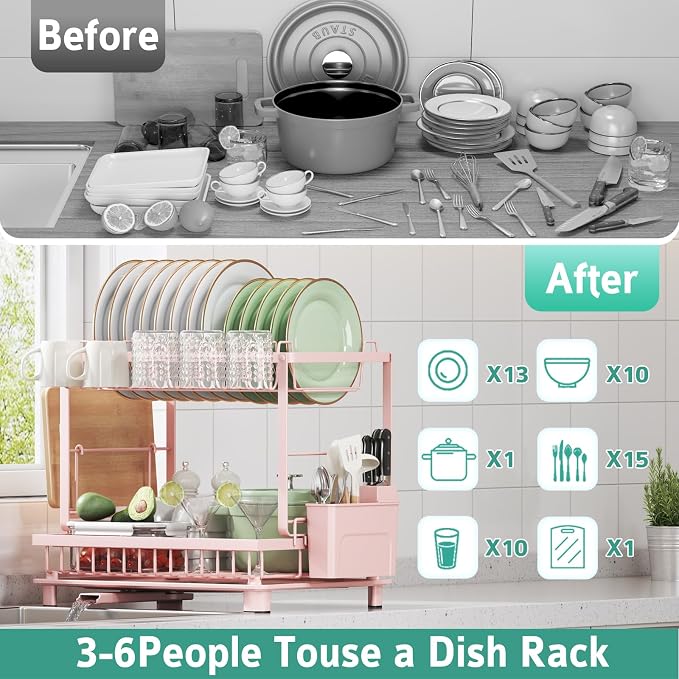 Multifunctional Dish Drying Rack - Rustproof, 2-Tier Dish Racks with Drainboard, Space-Saving Design, Utensil & Cup Holder for Kitchen Counter, Pink - Image 7