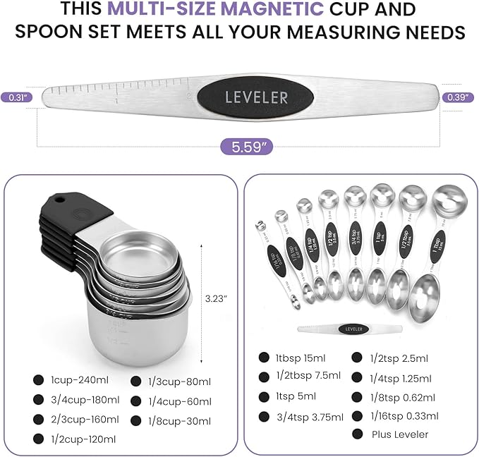 Magnetic Measuring Cups and Spoons Set-Heavy Duty 304 Stainless Steel,Double Measurement Markings,Set of 16 with Leveler for Measure Dry and Liquid Ingredients (Black) - Image 6
