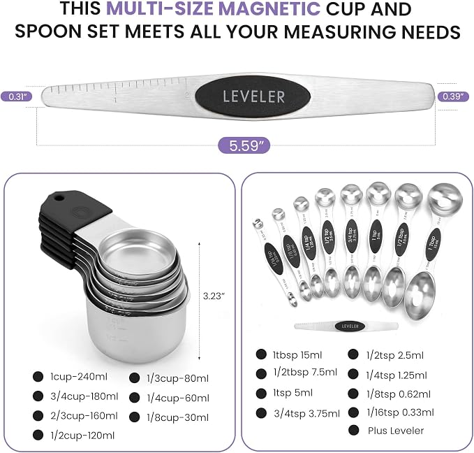 Magnetic Measuring Cups and Spoons Set-Heavy Duty 304 Stainless Steel,Double Measurement Markings,Set of 16 with Leveler for Measure Dry and Liquid Ingredients (Black) - Image 6