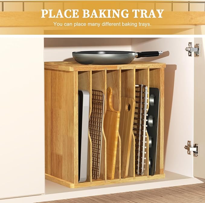 7 Tier Rubber Wooden Tray Dividers for Cabinets, Cookie Sheet Organizer | Heavy Weight, Premium Wood, Multiple Sizes, Saving Space, Vertical Tray Dividers for Storing pans, Baking tray, Cutting Board - Image 8