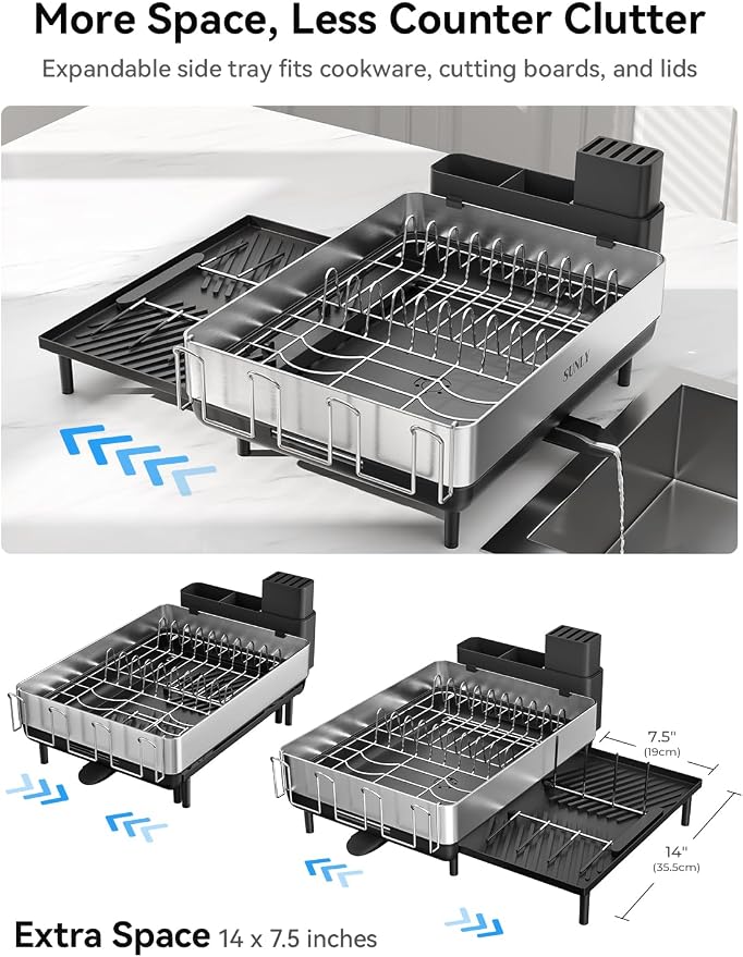 Large Dish Drying Rack, Expandable Dish Rack for Kitchen Counter, 304 Stainless Steel Space Saving Dish Drainer with Multifunctional Flip Up Pegs - Image 8