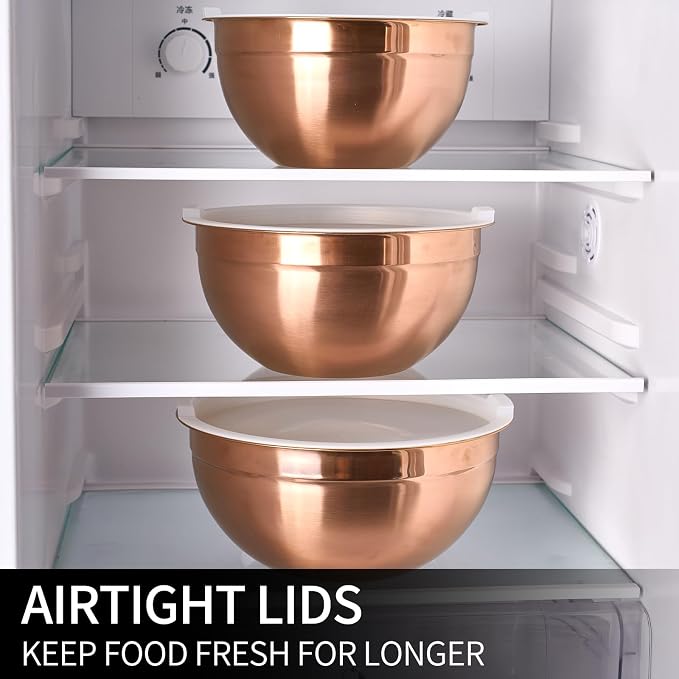 Rose Gold Mixing Bowls with Lids Set of 7, Stainless Steel Nesting Bowl with Khaki Lid for Non-slip Mixing Prepping Storing Serving, 7 Sizes-7/3.6/2.7/2.1/1.5/1/0.8 QT - Image 7