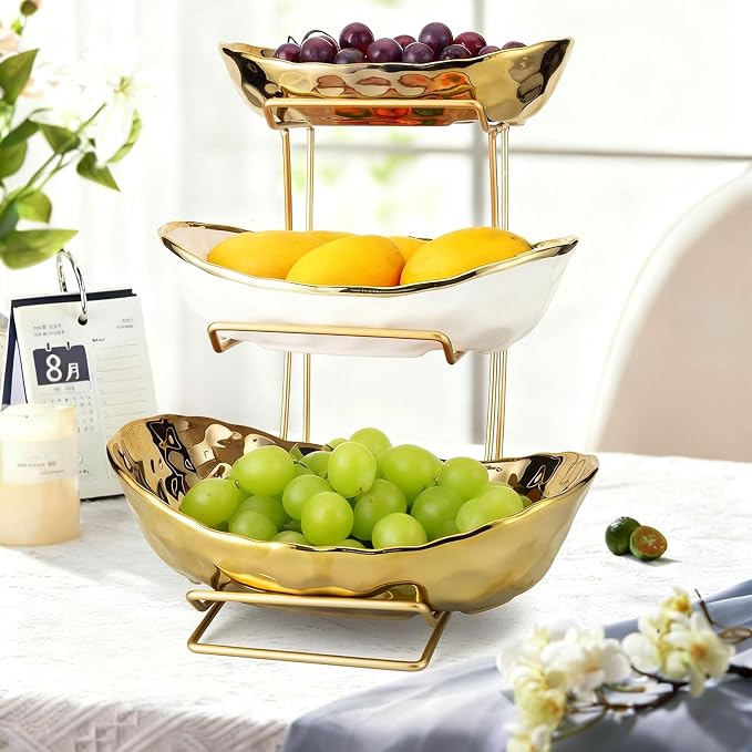 Fruit Bowl for Kitchen Counter with Metal Stand, 3 Tier Fruit Basket for Counter, White Gold Ceramic Fruit Bowl, Detachable Rack for Fruit Vegetable Snack Dessert Storage (Gold) - Image 8