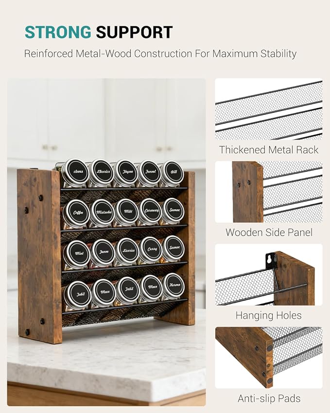NESAPTO Spice Rack Organizer with 20 Glass Spice Jars, Wood 4-Tier Seasoning Organizer with Labels for Cabinet, Pantry, Countertop or Wall Mount, Chalk Marker and Funnel Set, 10.3" W × 9.4" H - Image 8